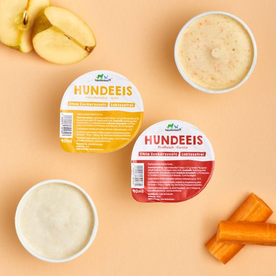 Hundeeis Rind & Huhn, 4 Becher à 90ml, ohne Zuckerzusatz, laktosefrei.