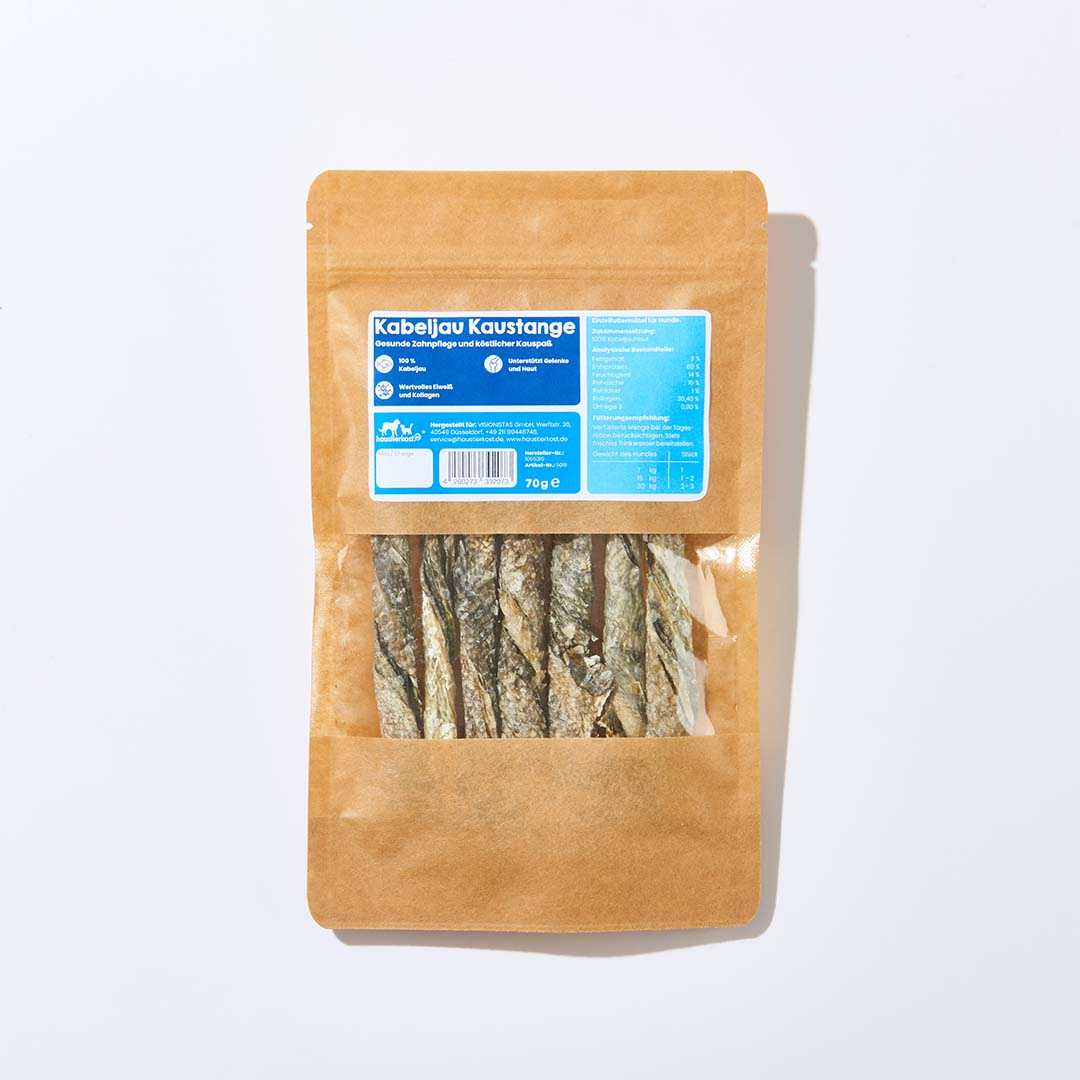 Kabeljau-Kaustange 70 g, gesunder Snack mit Kollagen und Proteinen, unterstützt Zahngesundheit, ohne Zusatzstoffe.