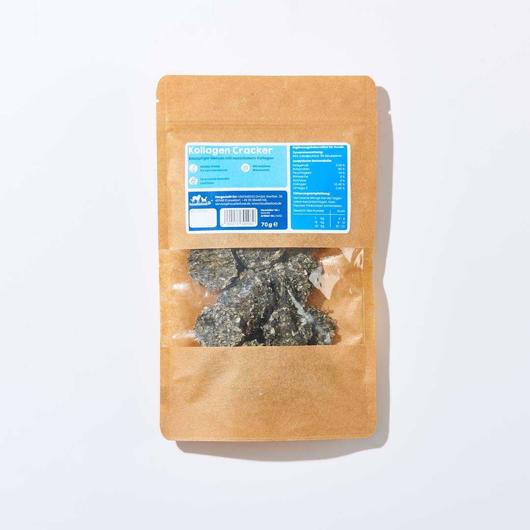 Kollagen Cracker in brauner Verpackung, 70 g, gesunder Snack mit natürlichen Proteinen und Kollagen.