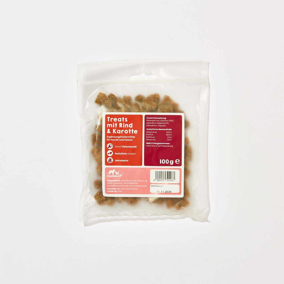Hunde-Snack Treats mit Rind und Karotte, 100 g, gluten- und laktosefrei.