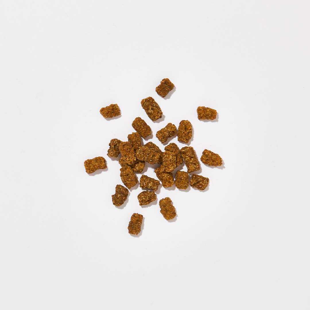Treats mit Rind und Karotte auf weißem Hintergrund, 100 g Packung.