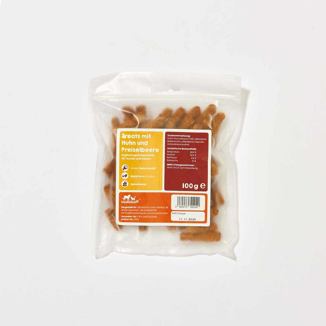 Hundesnack Treats mit Huhn und Preiselbeere, gluten- und laktosefrei, 100g Packung.