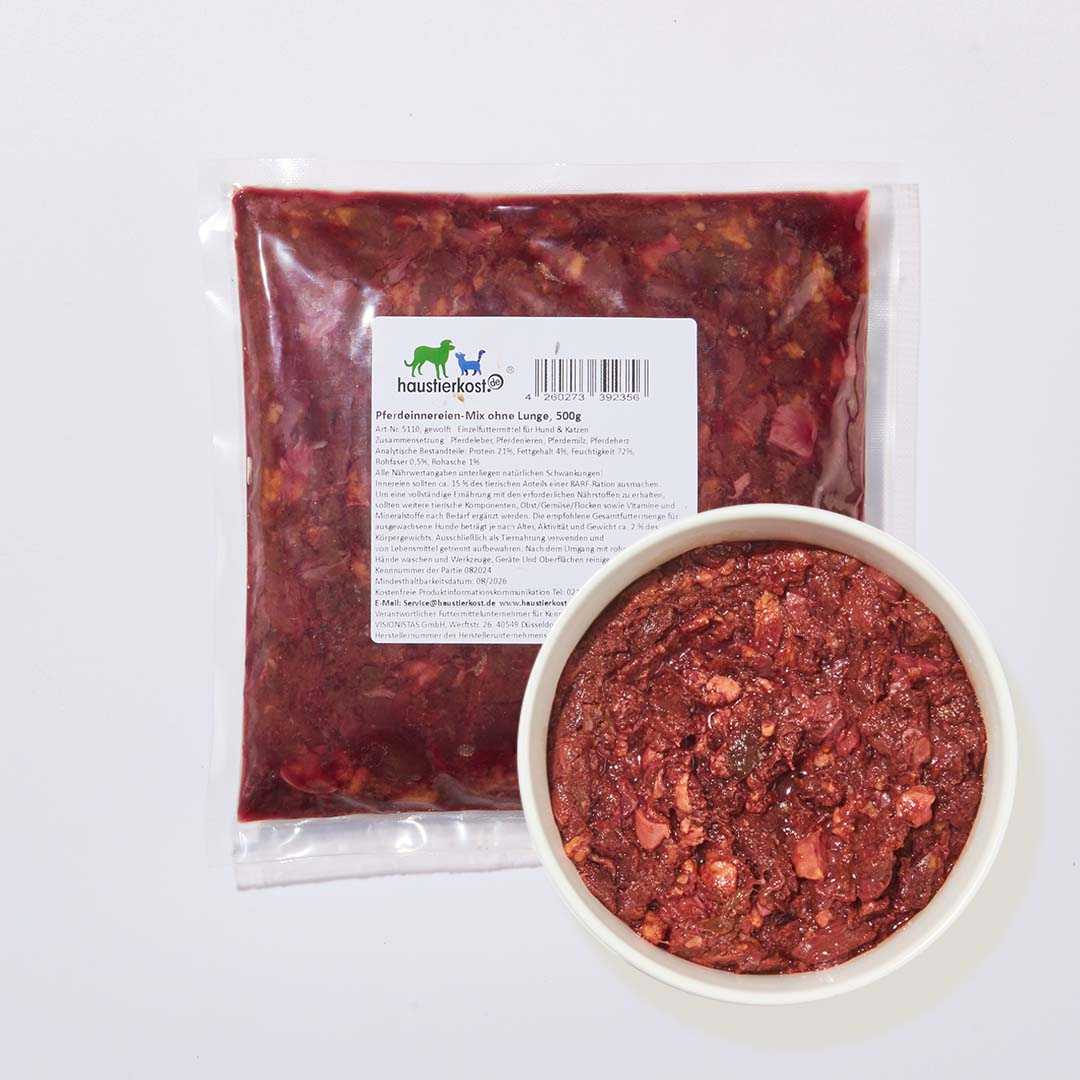 Pferdeinnereien-Mix ohne Lunge für Hunde, Katzen und Frettchen in Verpackung und Schale.