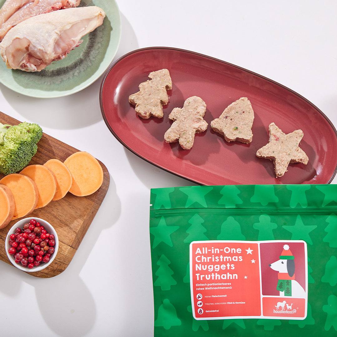 All-in-One Weihnachts-Hundenuggets auf Teller mit Putenfleisch, Süßkartoffeln und Cranberries.