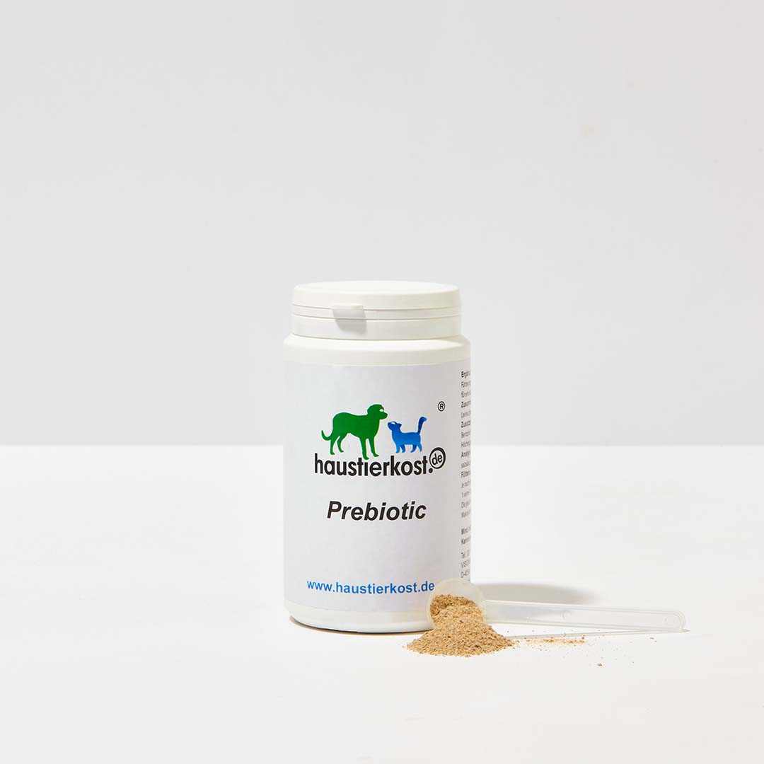 Prebiotic Nahrungsergänzung für Hunde und Katzen, 200 g Dose auf weißem Hintergrund.
