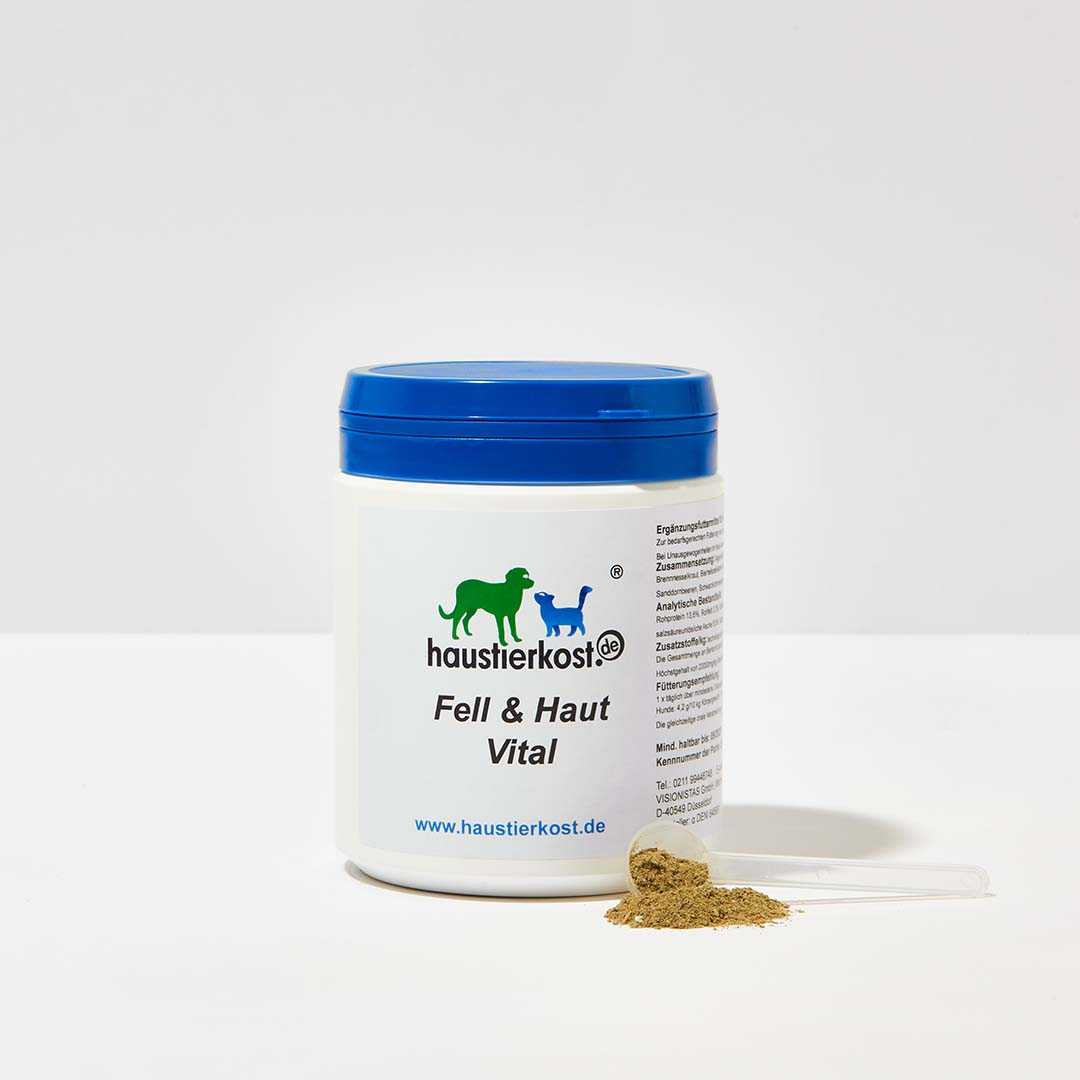 Fell & Haut Vital Ergänzungsfuttermittel für Tiere mit Haut- und Fellproblemen, 400 g Verpackung.