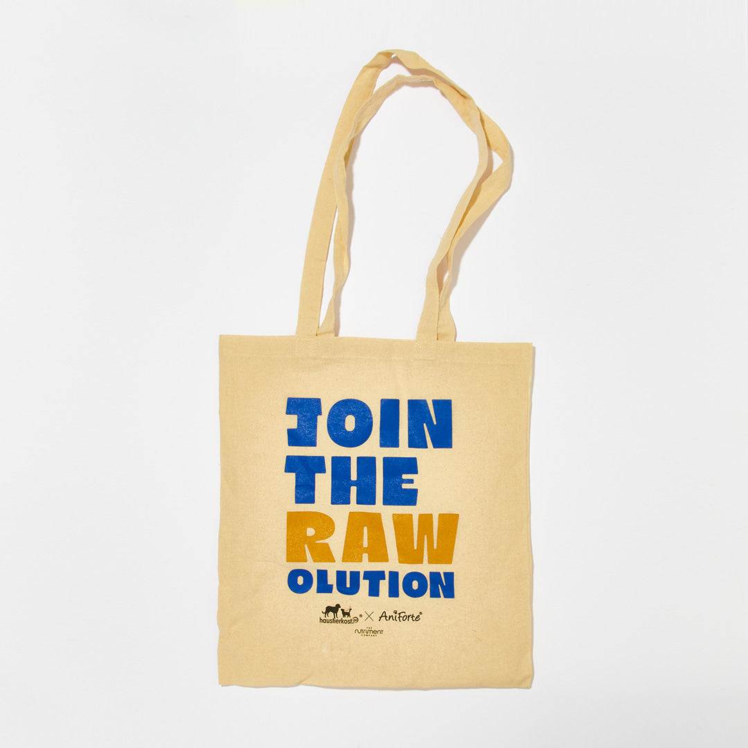 Jutebeutel als Goodiebag Haustierkost x Aniforte 2024 mit Aufdruck "Join the RAWolution".