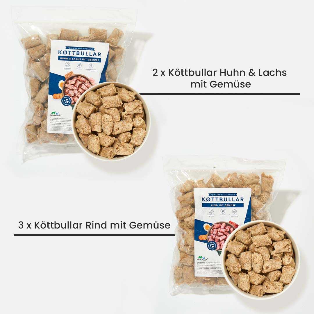 Einsteigerpaket für kleinste Hunde mit BARF-Köttbullar Rind und Huhn, Omega-3-Öl und Ulmenrinde für gesunde Ernährung.