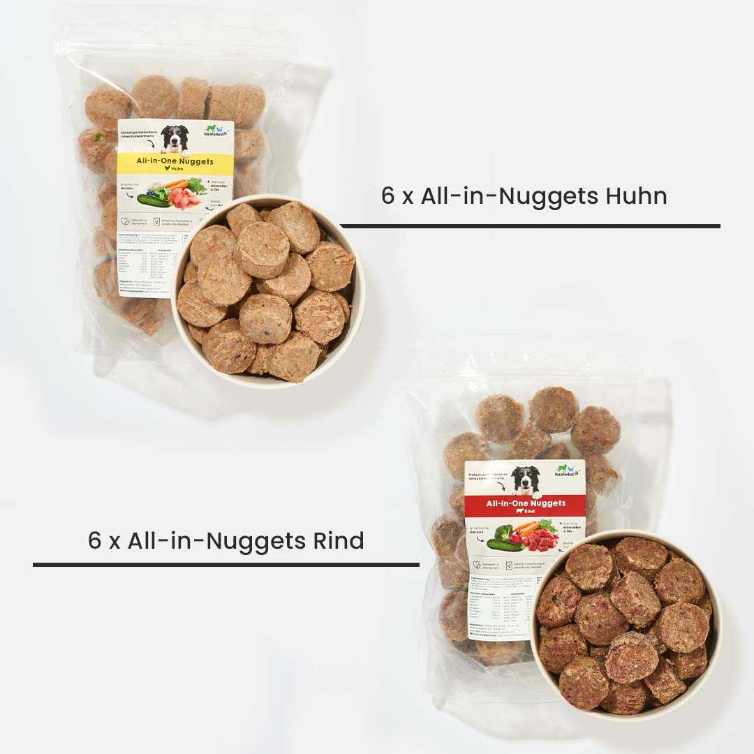 Einsteigerpaket für kleine Hunde, All-in-One Nuggets Rind und Huhn, Omega 3-6-9 Öl, Ulmenrinde für gesunde Ernährung.