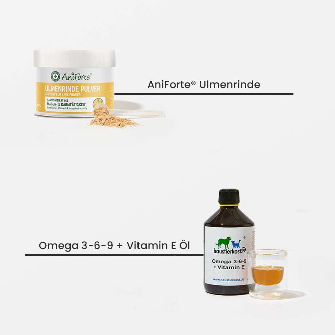 Einsteigerpaket für kleinste Hunde mit Ulmenrinde Pulver und Omega 3-6-9 + Vitamin E Öl, ideal für BARF-Futterumstellung.