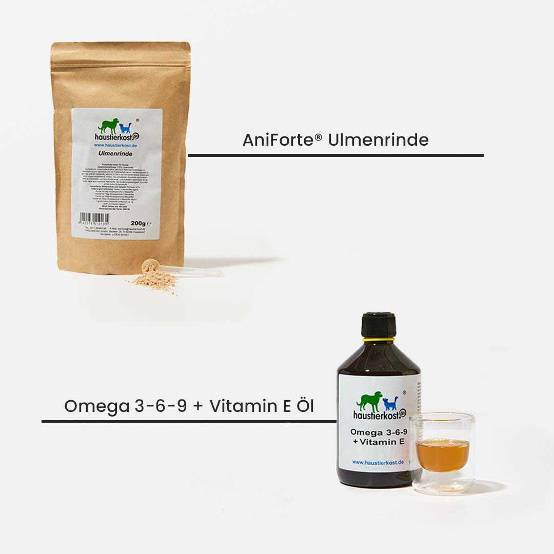 Einsteigerpaket für kleine Hunde mit Ulmenrinde und Omega 3-6-9 + Vitamin E Öl.