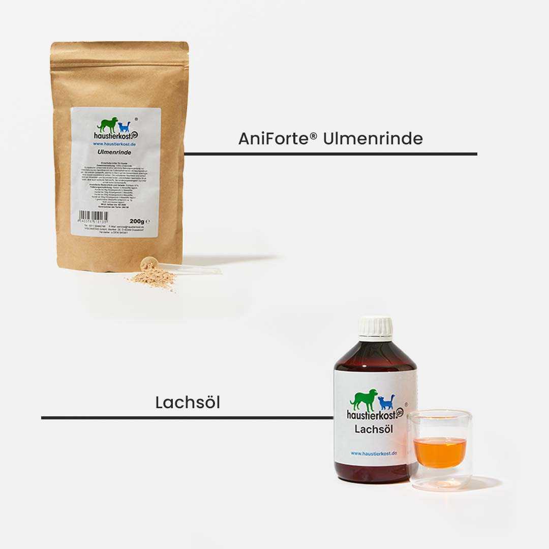 Einsteigerpaket für mittelgroße Hunde mit BARF-Futter, Lachsöl und Ulmenrinde. Ideal für Hunde bis 20 kg, unterstützt gesunde Verdauung und Hautpflege.