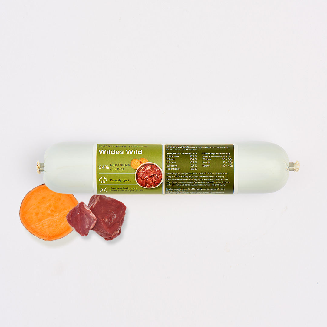 Trainingswurst Wildes Wild, 400 g, idealer Snack für Hunde und Katzen, mit Wildfleisch, ungekühlt haltbar, leicht portionierbar.