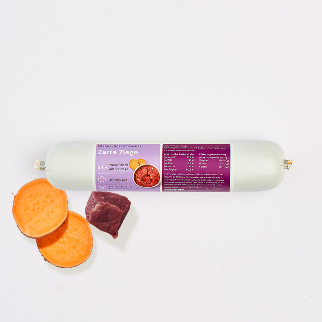 Trainingswurst Zarte Ziege 400 g, Snack für Hunde & Katzen, mit Ziegenfleisch und Süßkartoffel.