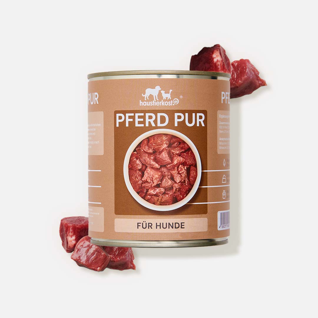 Dose mit 100% gegartem Pferdefleisch für Hunde ohne künstliche Zusätze