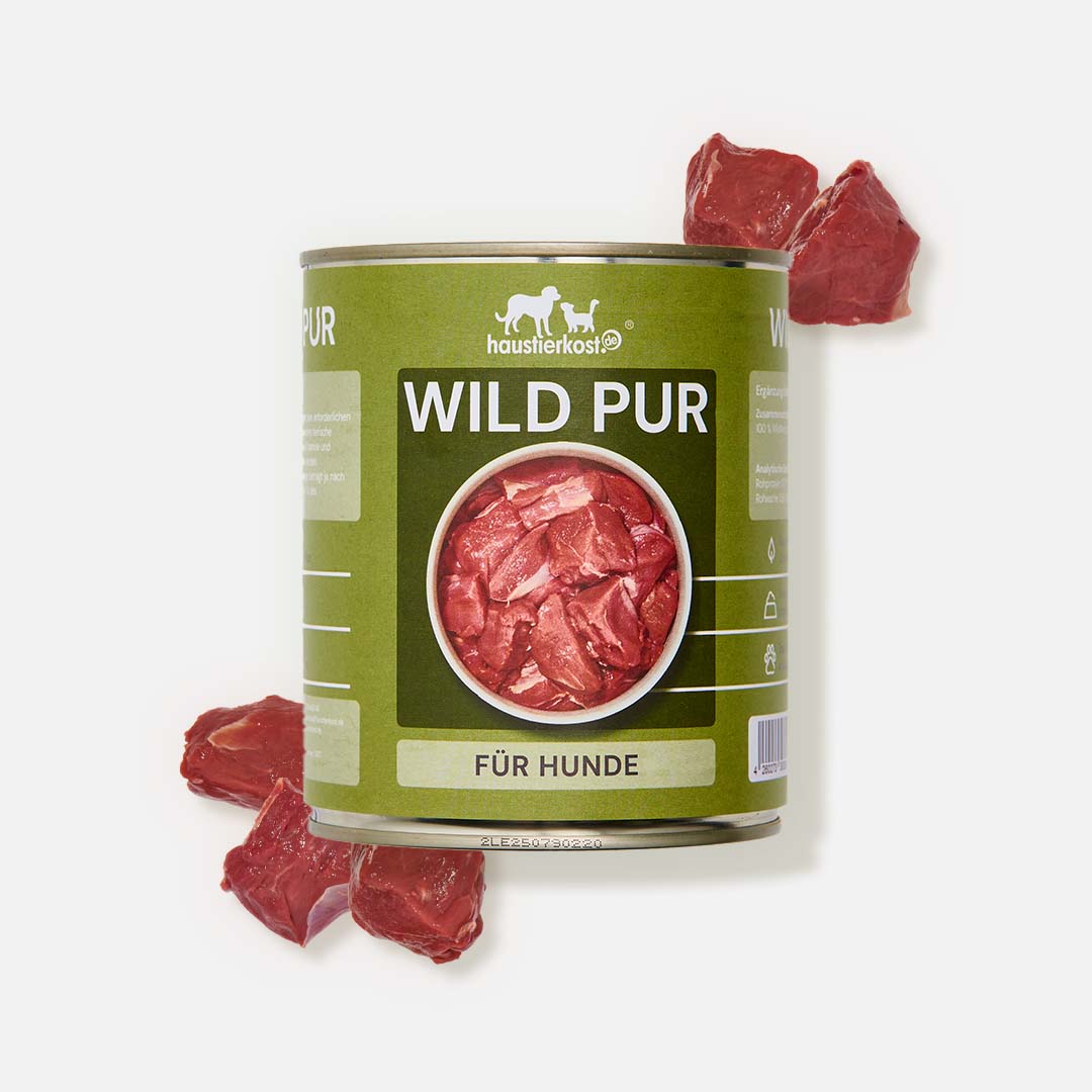 Dose mit 100 % gegartem Wildfleisch für Hunde, ohne künstliche Zusätze, ideal zum individuellen Zusammenstellen des Hundefutters.