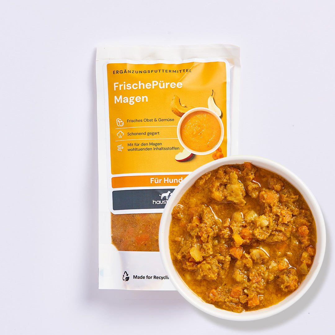 FrischePüree Magen Hundenahrung mit Gemüse, Obst und magenfreundlichen Kräutern in 200g Verpackung
