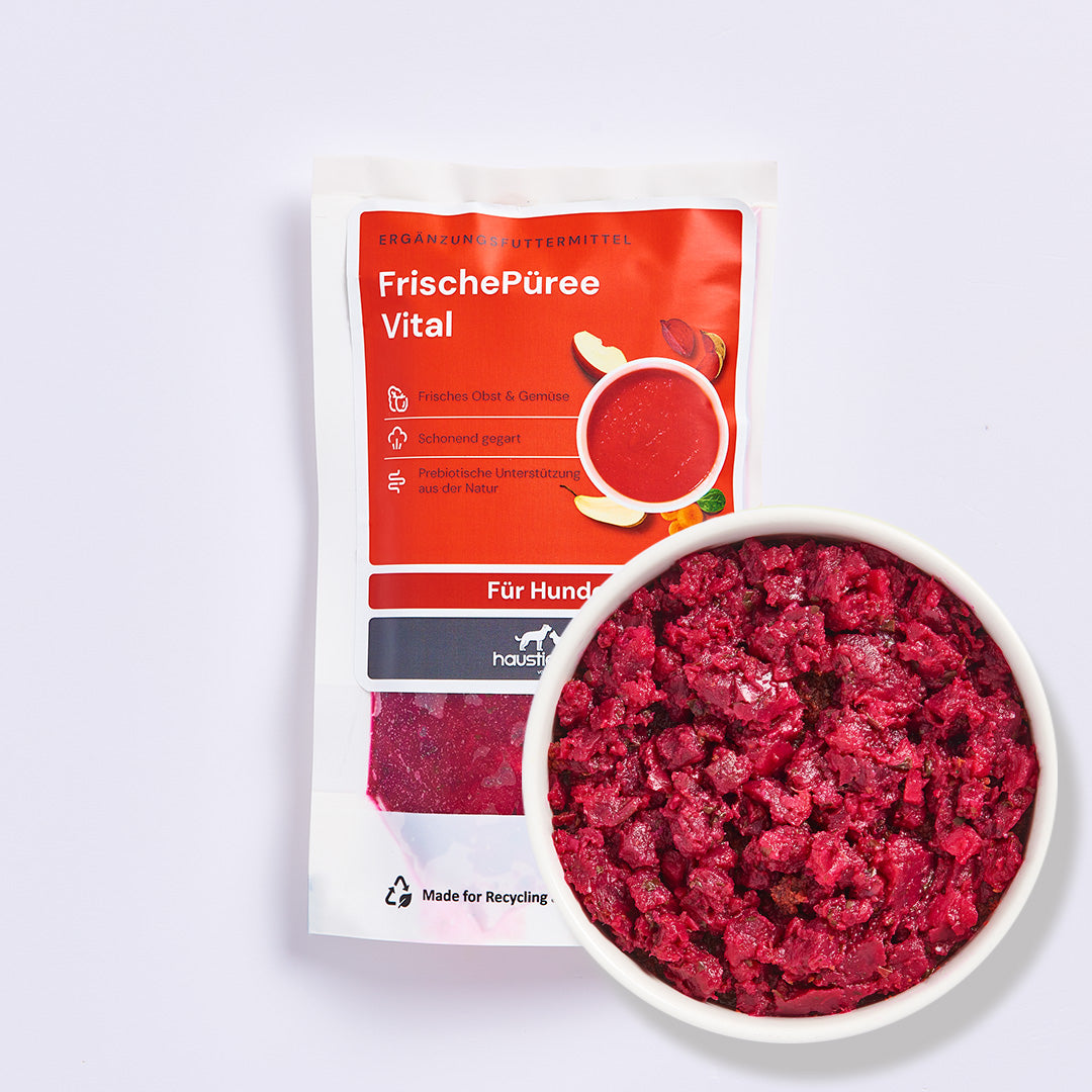 FrischePüree Vital 200g Hundenahrung aus Gemüse und Obst mit Karotte Spinat und Rote Beete zur Unterstützung der Verdauung