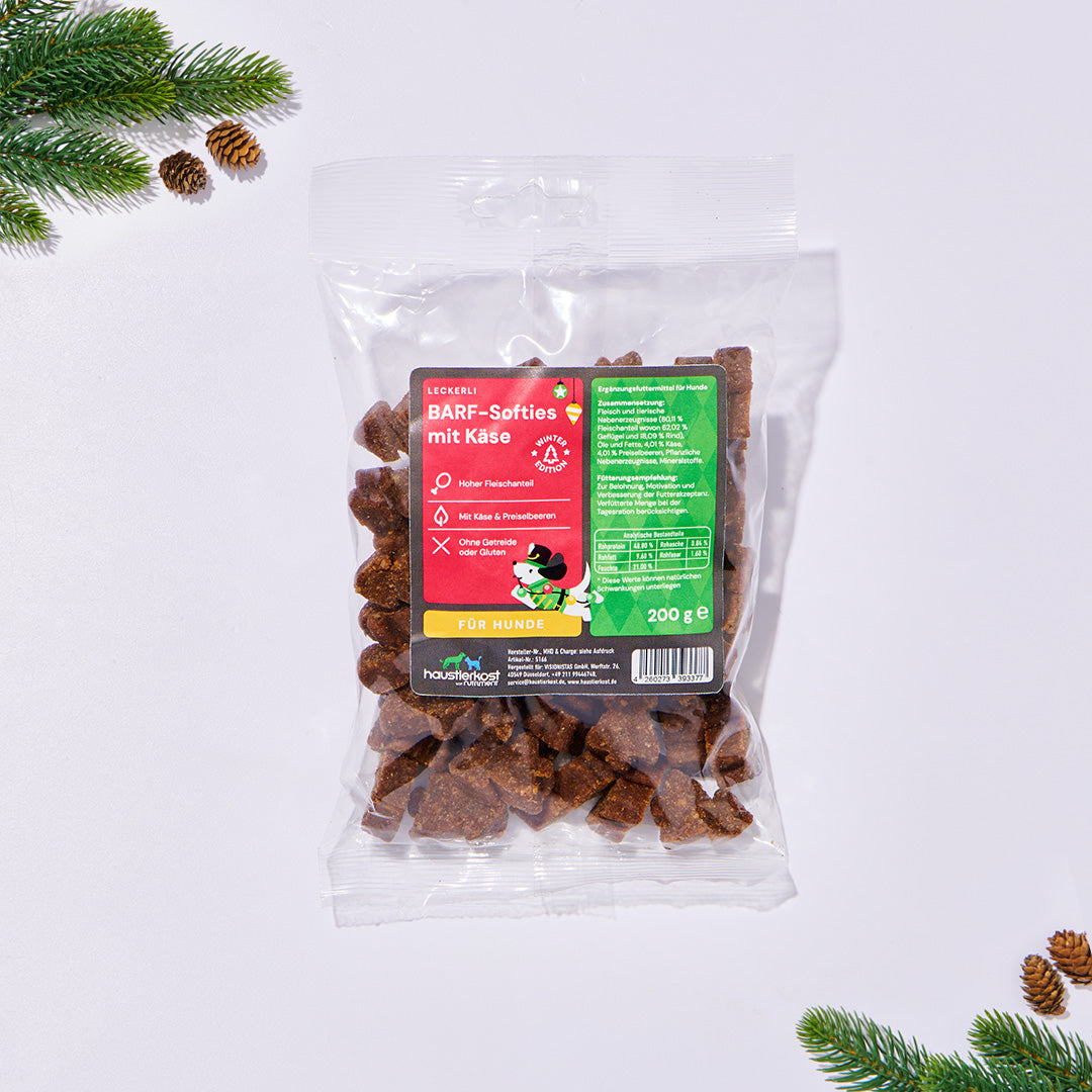 BARF Softies mit Käse 200g weihnachtliche Hundesnacks mit Geflügel Rind und Preiselbeeren