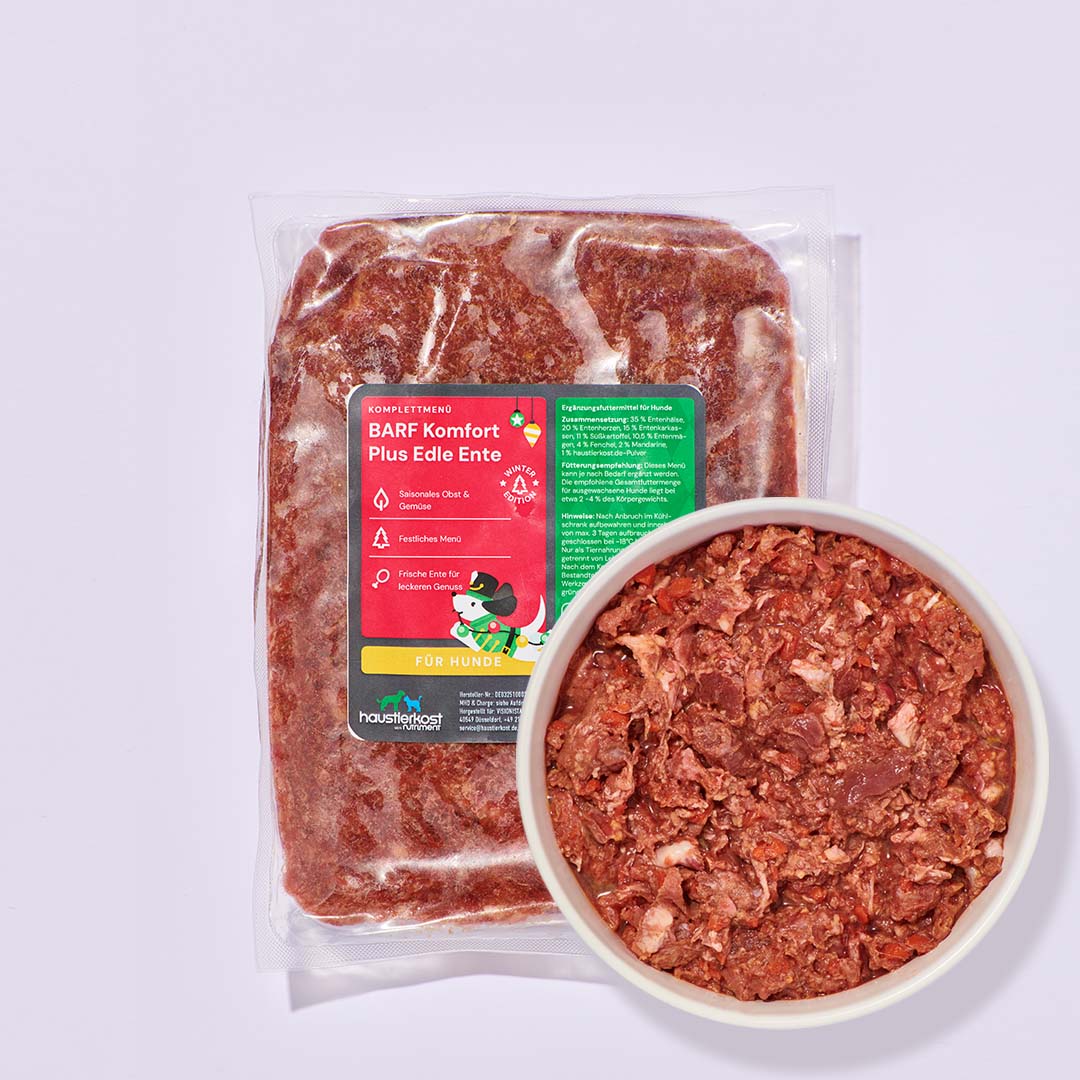 BARF Komfort Plus Edle Ente hundefutter mit weihnachtlicher ente, mandarine, süßkartoffel und fenchel