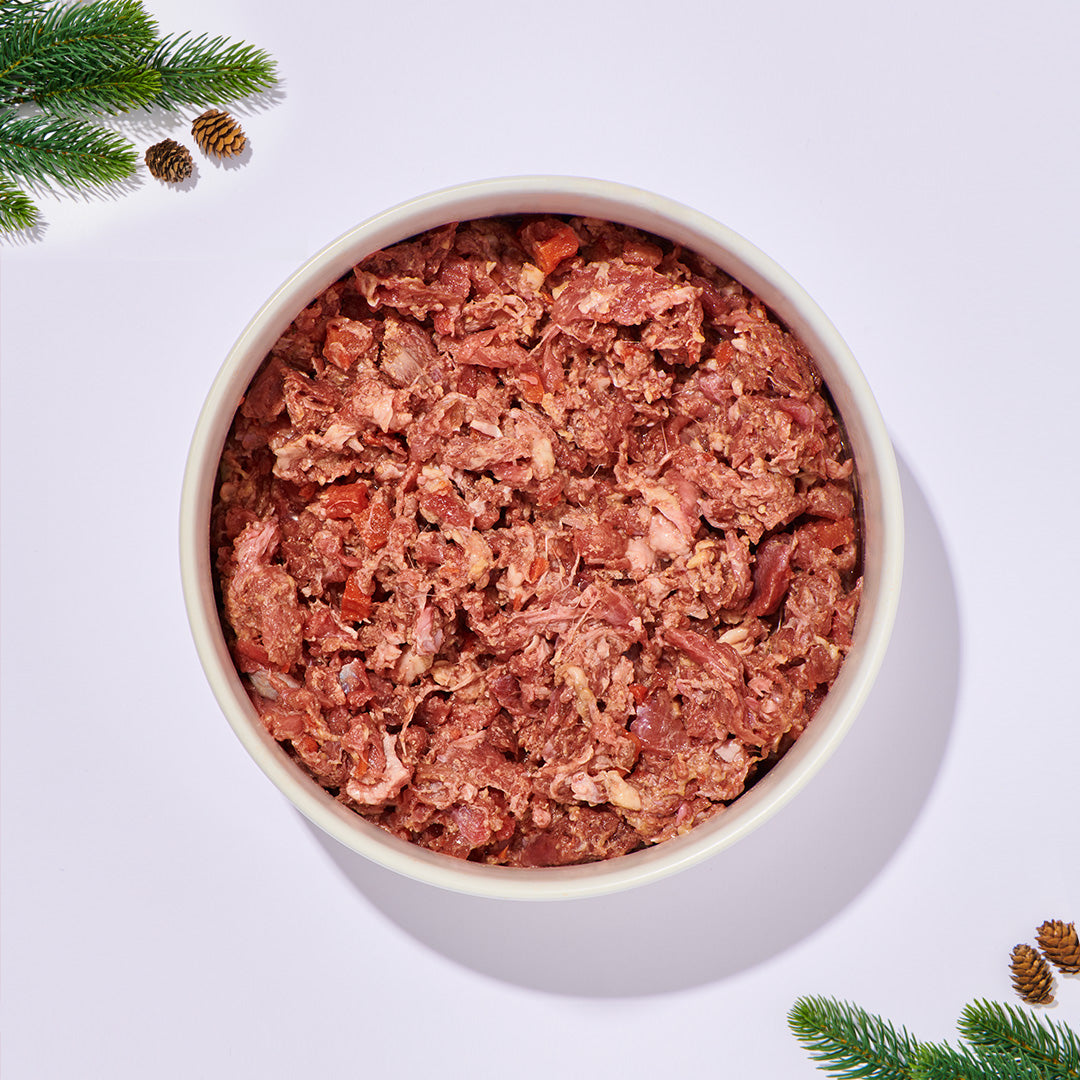 BARF Komfort Plus Saftige Gans Hundenahrung mit Weihnachtsgans, Karotte, Zucchini und Preiselbeeren in Schüssel