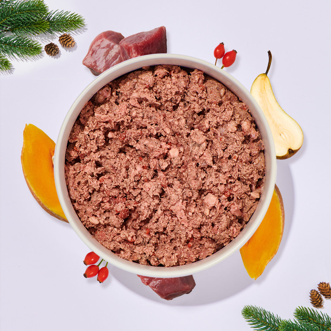 BARF Komfort Plus feines Rind mit Kürbis, Birne und Hagebutte in Futternapf mit Dekoration