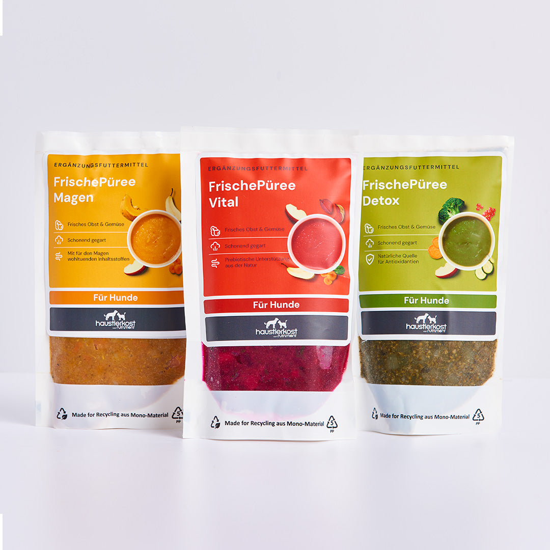 FrischePüree Probierpaket mit drei Gemüsepüree-Sorten für Hunde zur BARF-Ergänzung