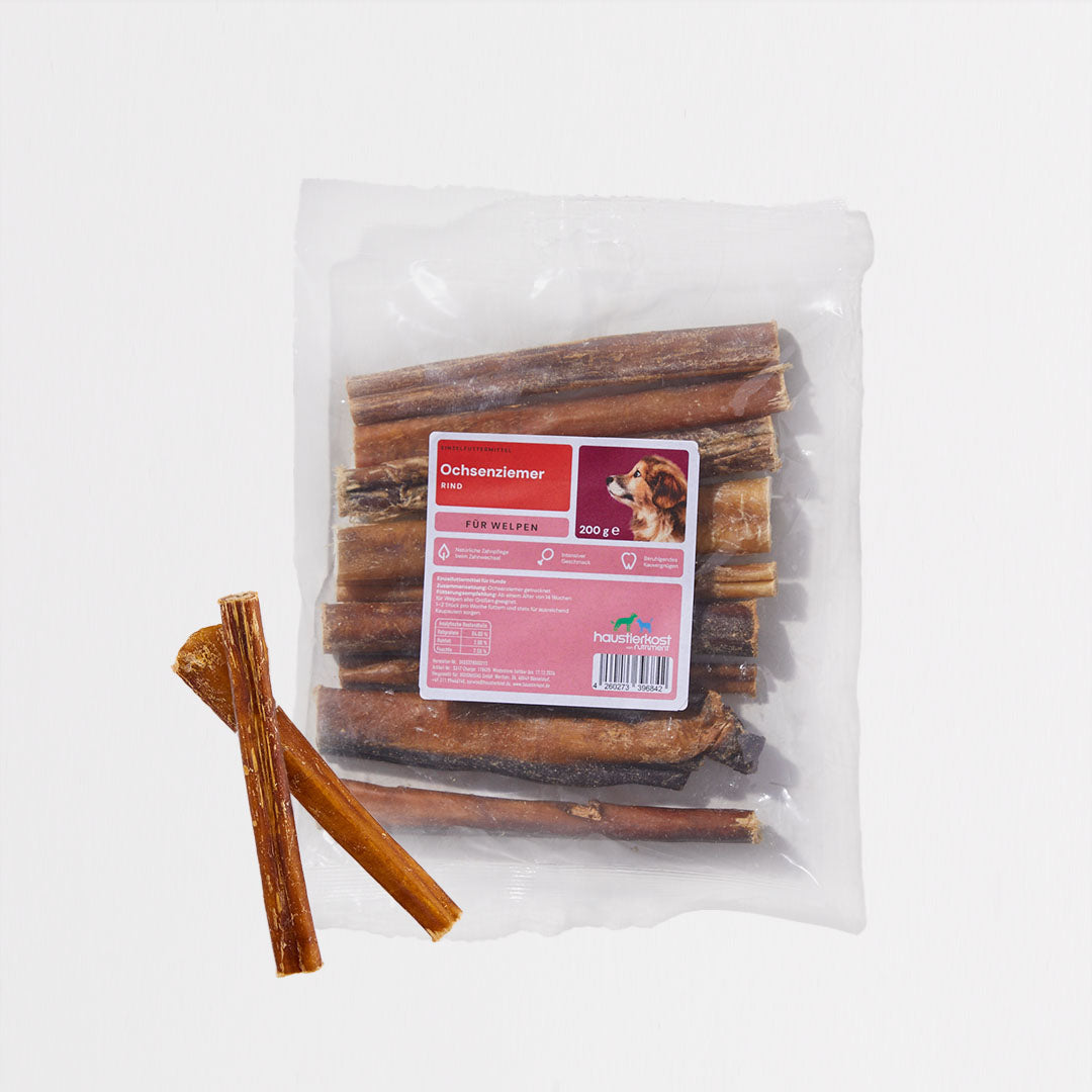 Getrockneter Ochsenziemer für Welpen, dünne Stücke, zahnpflegend, 200 g Packung