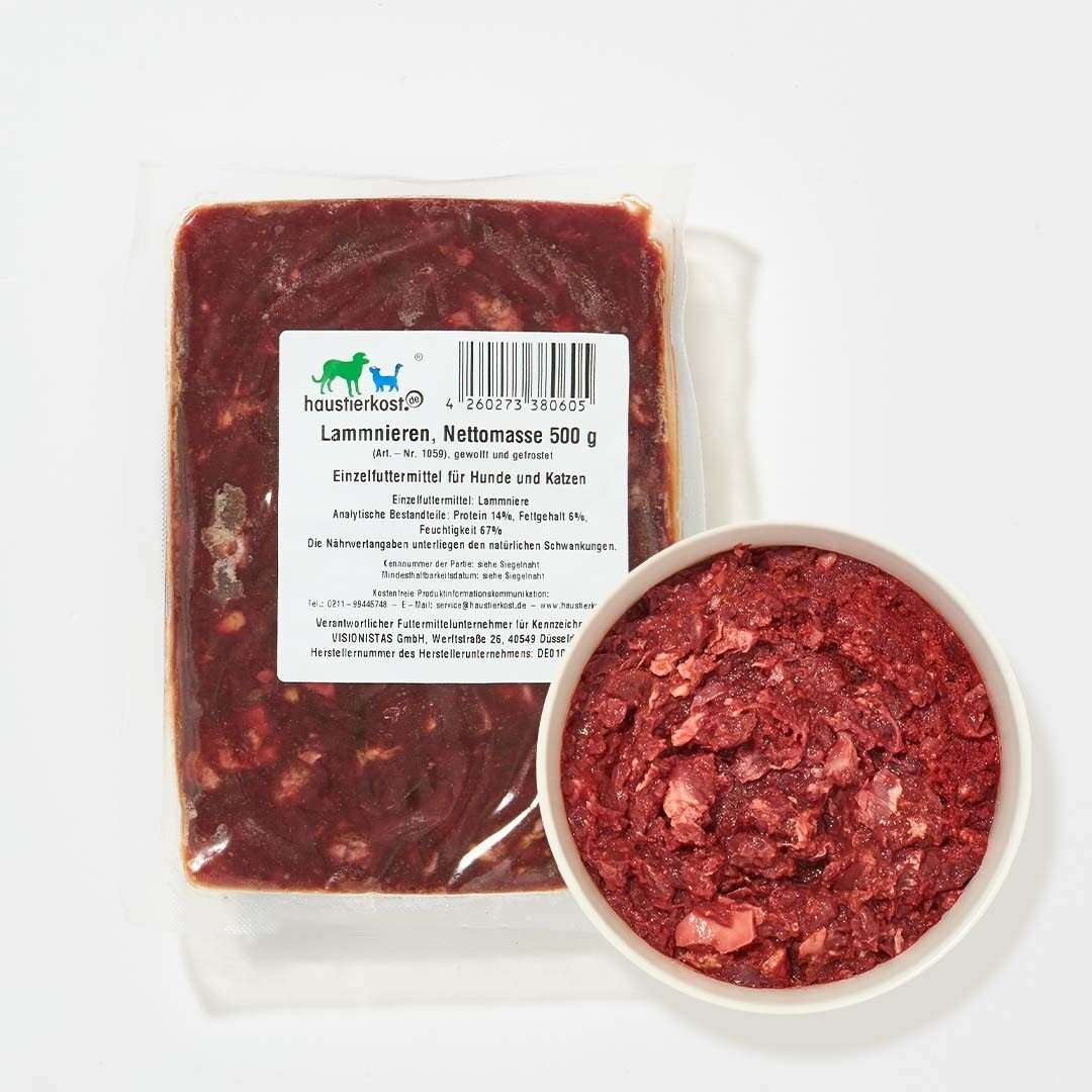 Lammniere gewolft, 500 g Packung und Schale mit gefrorenem Inhalt, geeignet für Hunde und Katzen