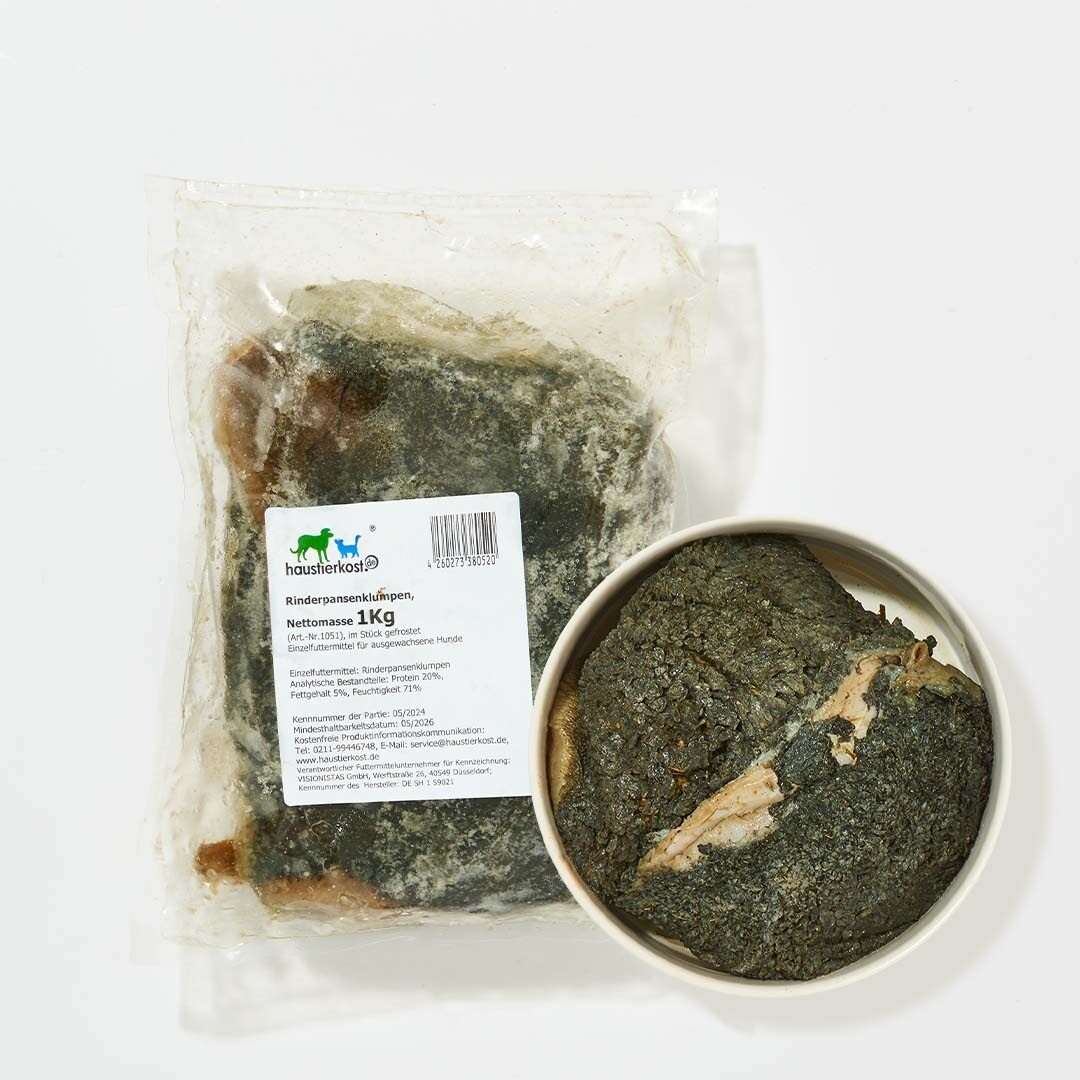 Rinderpansenklumpen in Verpackung und Schüssel, 1 kg, geeignet für größere Hunde.