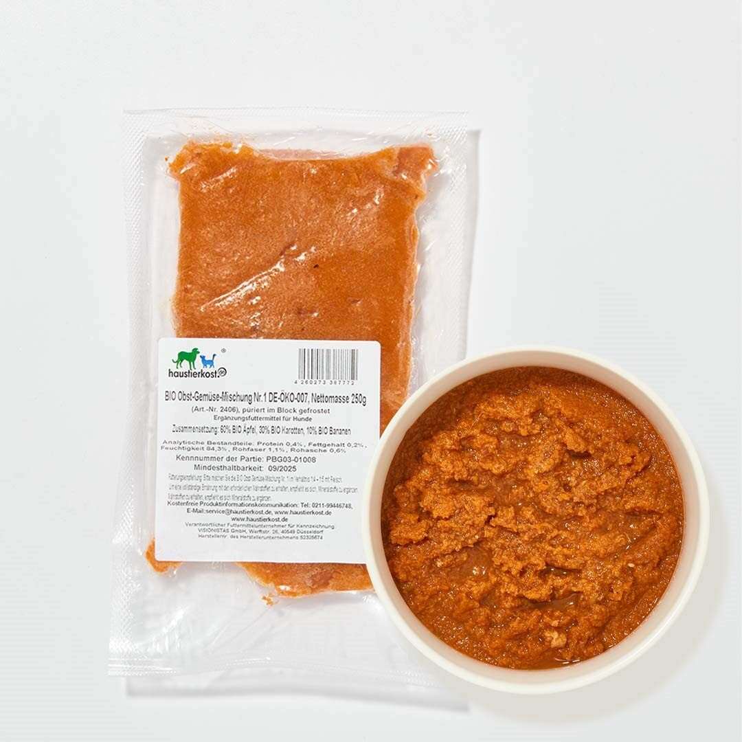 BIO Obst-Gemüse-Mischung, 250 g Packung und Schale, Äpfel, Karotten, Bananen