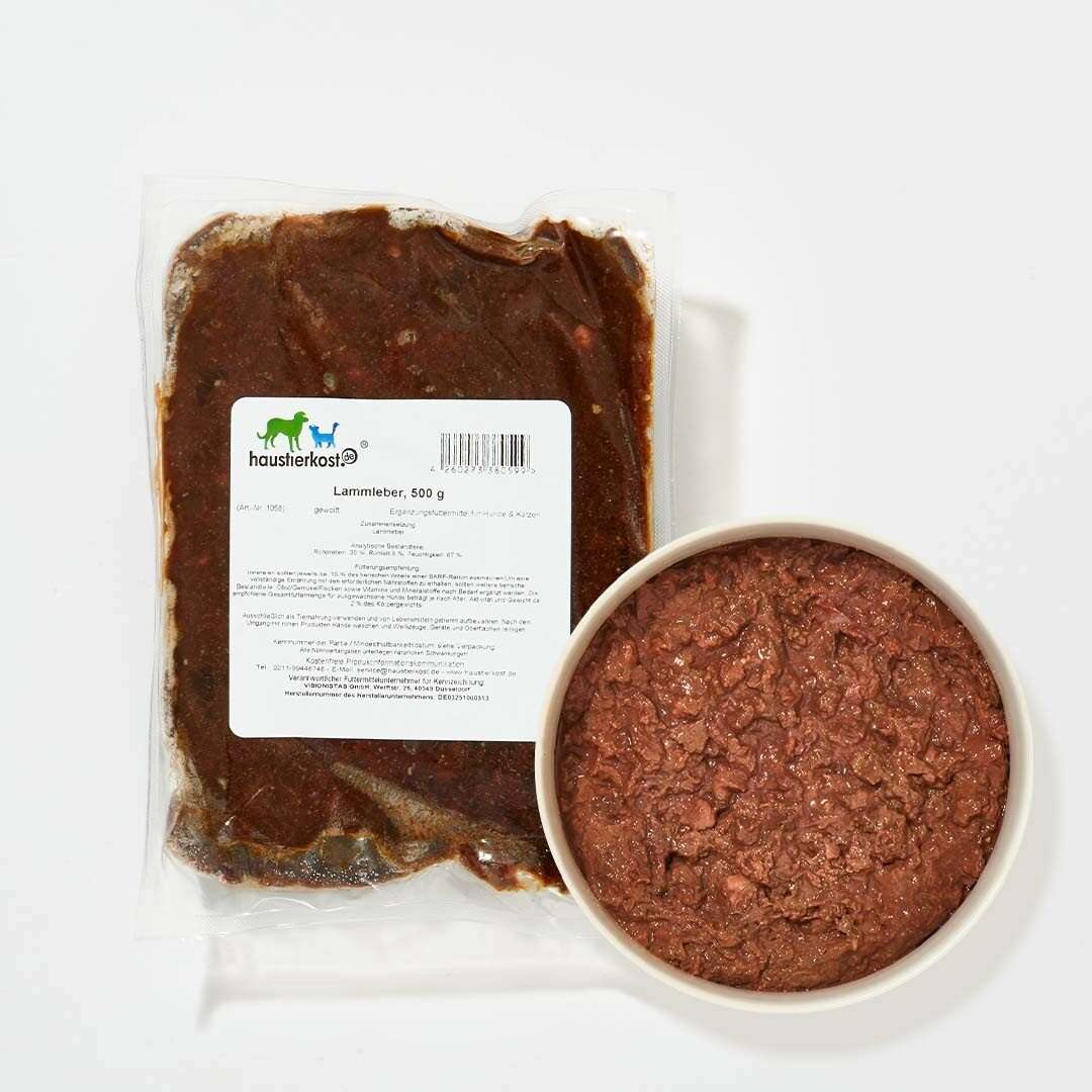 Lammleber gewolft, 500 g Packung und Schüssel mit Lammleber.