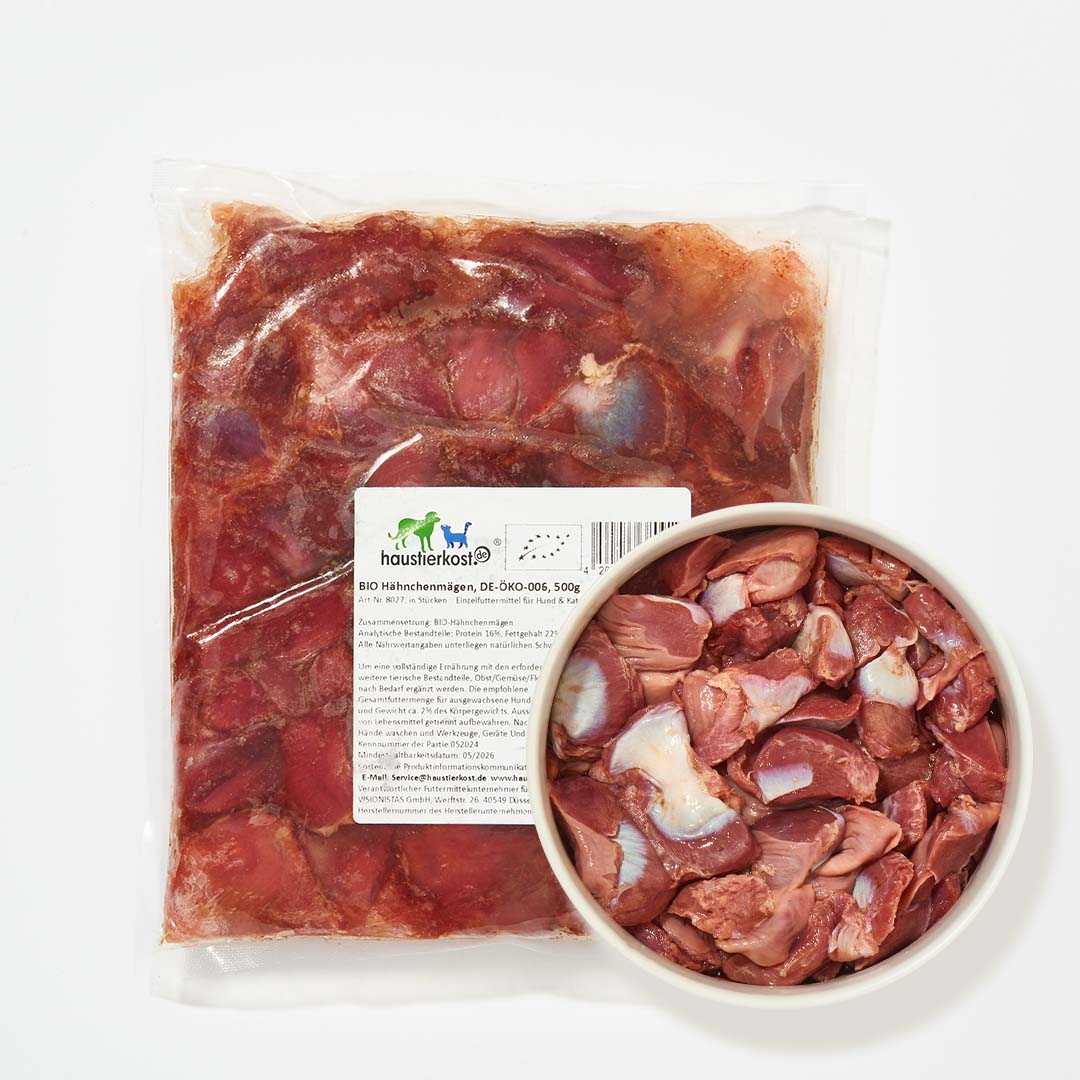 BIO Hähnchenmägen DE-ÖKO-006, 500 g, verpackt und in einer Schüssel, geeignet für Katzen und Hunde.