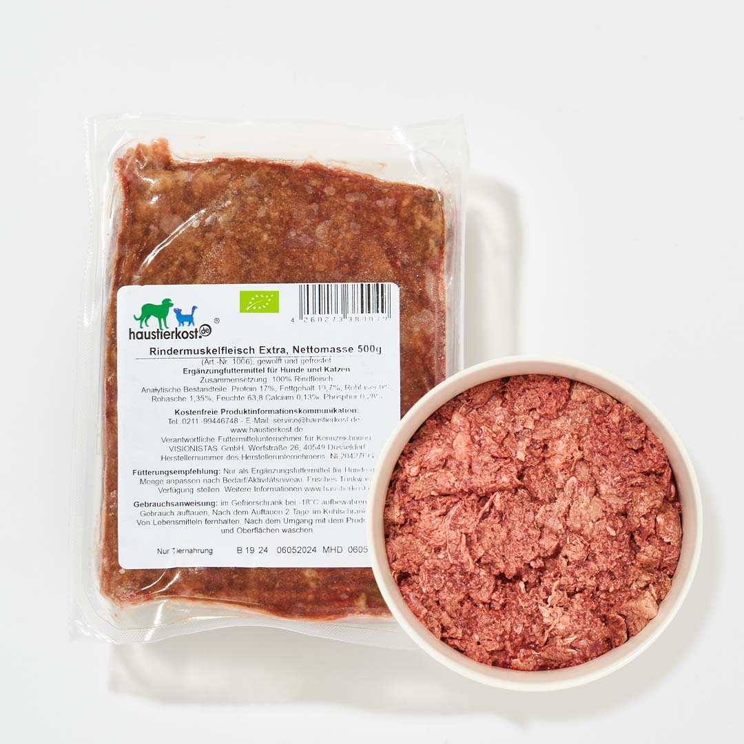 BIO Rindermuskelfleisch AT-ÖKO-301, 500g package and contents in a bowl.
