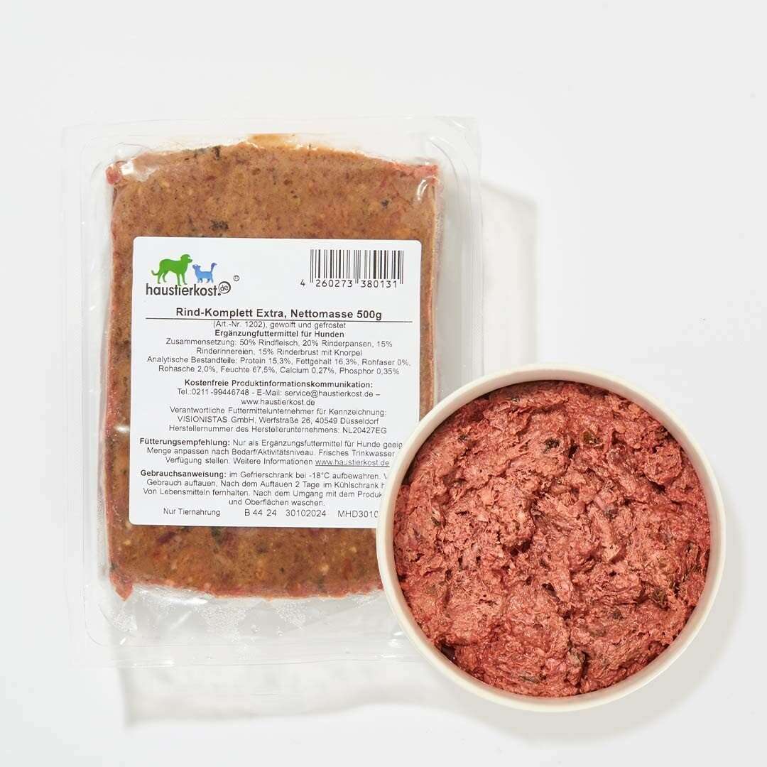 Rind-Komplett Extra Hundefutter, 250 g, mit Innereien und Knorpel, natürliches Kalzium