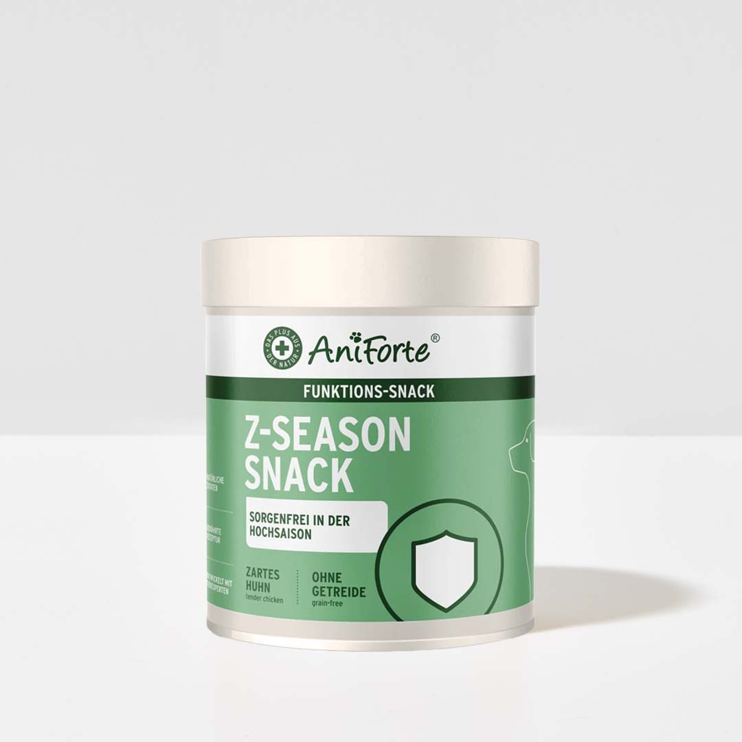 AniForte Z-Season Snack, 350 g Dose, Hähnchenleckerlis für Hunde, ohne Getreide, mit Schwarzkümmelöl und Kokosöl.