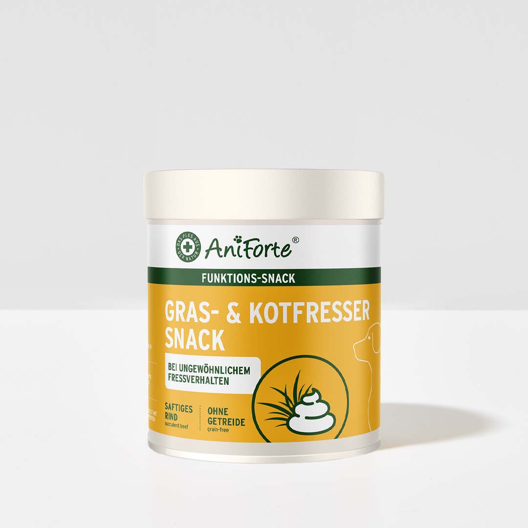 AniForte Gras- & Kotfresser Snack für Hunde, natürliche Funktionssnacks ohne Getreide zur Unterstützung der Verdauung und Beruhigung von Magen und Darm, 300 g Verpackung.