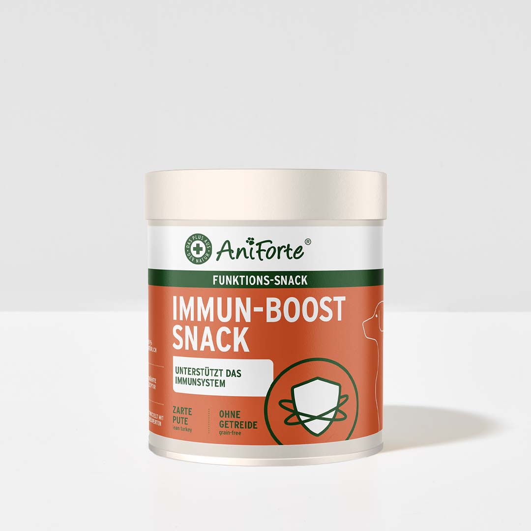 AniForte Immun Boost Snack für Hunde, getreidefrei, mit Putenfleisch und Pflanzenstoffen zur Unterstützung des Immunsystems und der Darmflora, 300 g Dose.