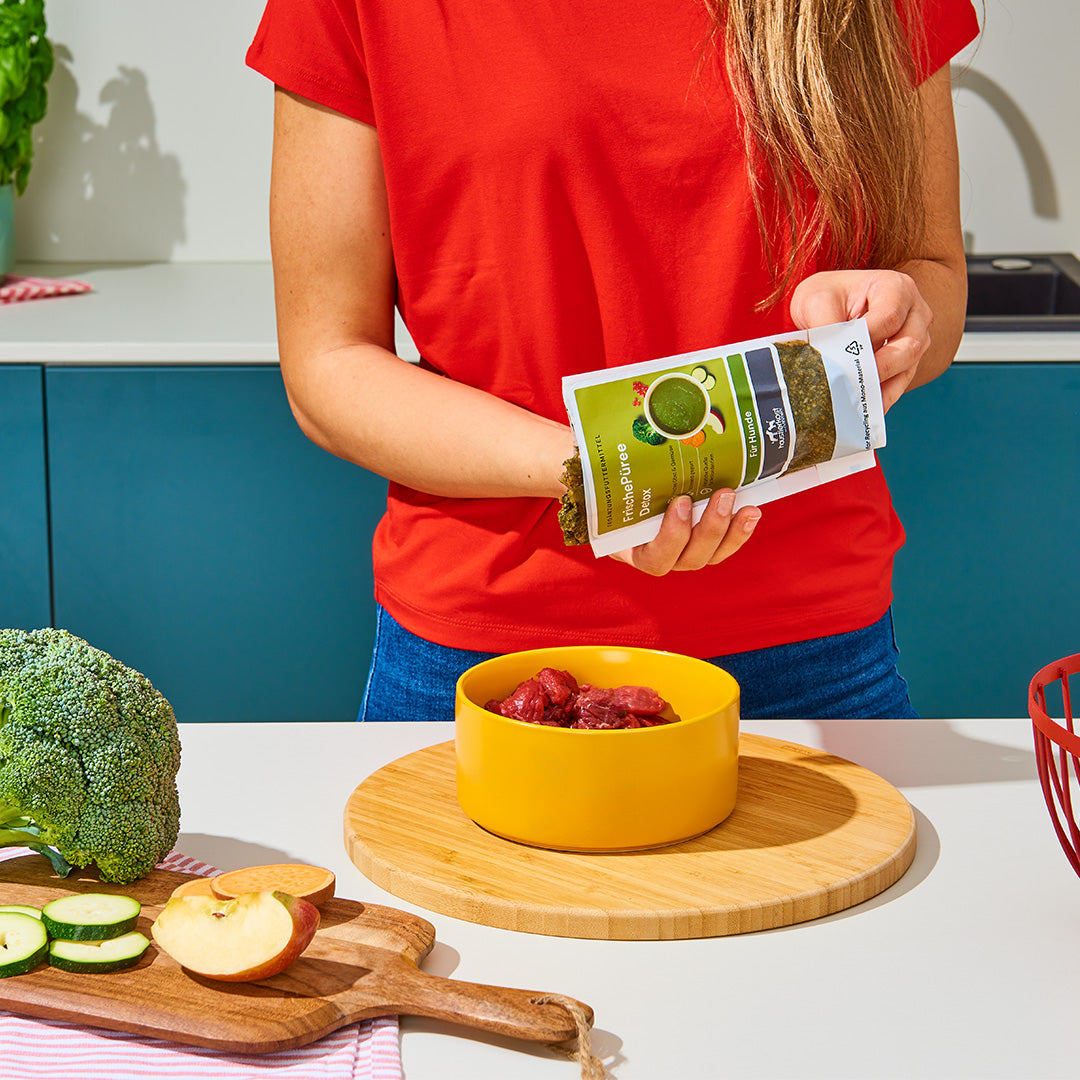 Frau hält FrischePüree Probierpaket neben gelbem Napf mit rohem Fleisch und frischem Gemüse auf Küchentheke