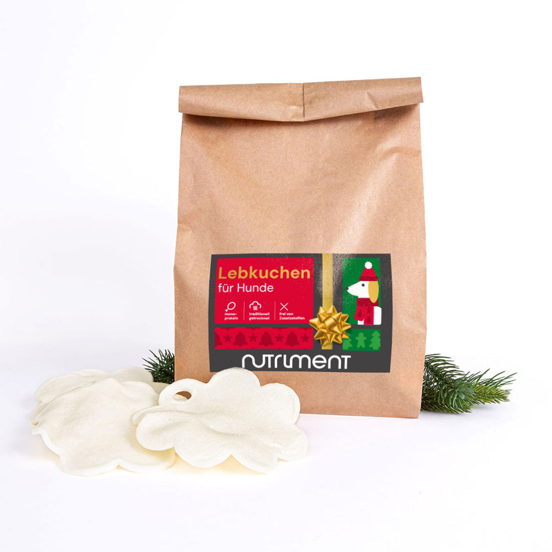 Lebkuchen für Hunde aus 100% Rinderhaut als natürlicher Kauspaß und festlicher Baumschmuck in brauner Verpackung