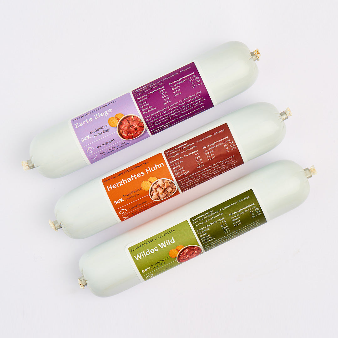 Trainingswurst Wildes Wild 400g als leckerer, schnittfester Snack zur Belohnung von Hunden und Katzen mit hochwertigem Wildfleisch.