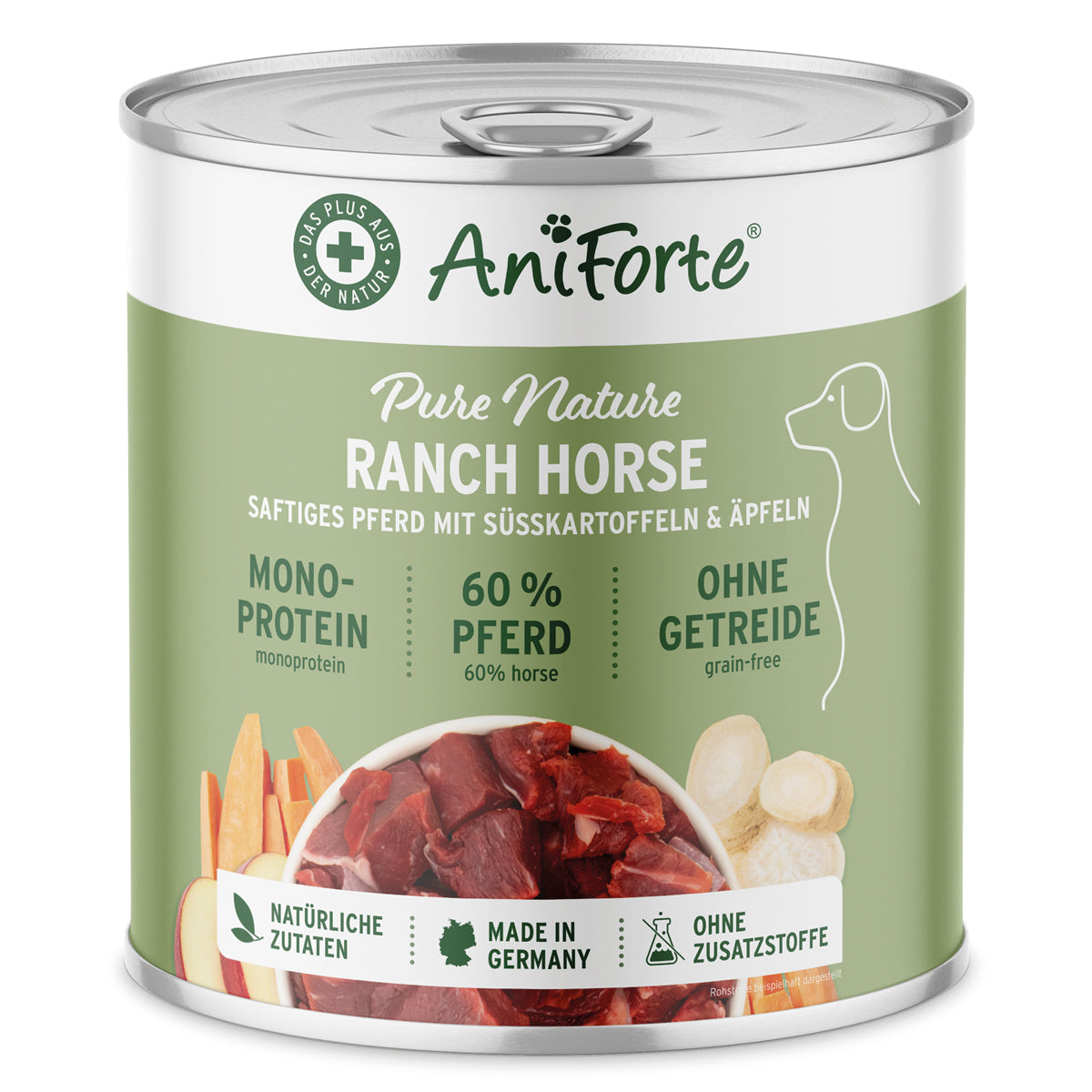 AniForte Nassfutter RanchHorse mit 60% Pferdefleisch, Süßkartoffeln und Äpfeln, getreidefrei, natürliches Hundefutter aus Deutschland.
