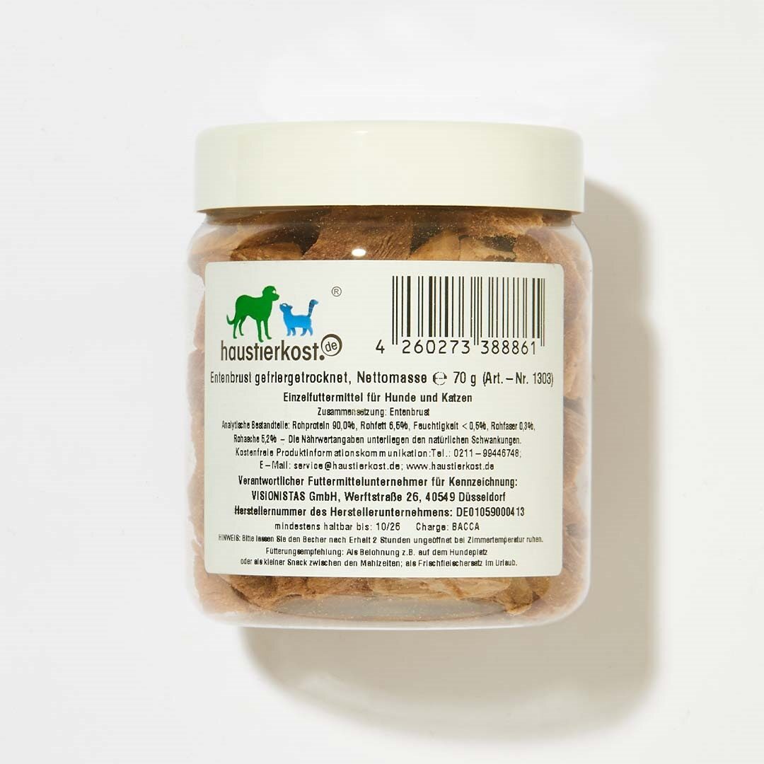 Gefriergetrocknete Entenbrust als Hundesnack, 70 g im Kunststoffglas
