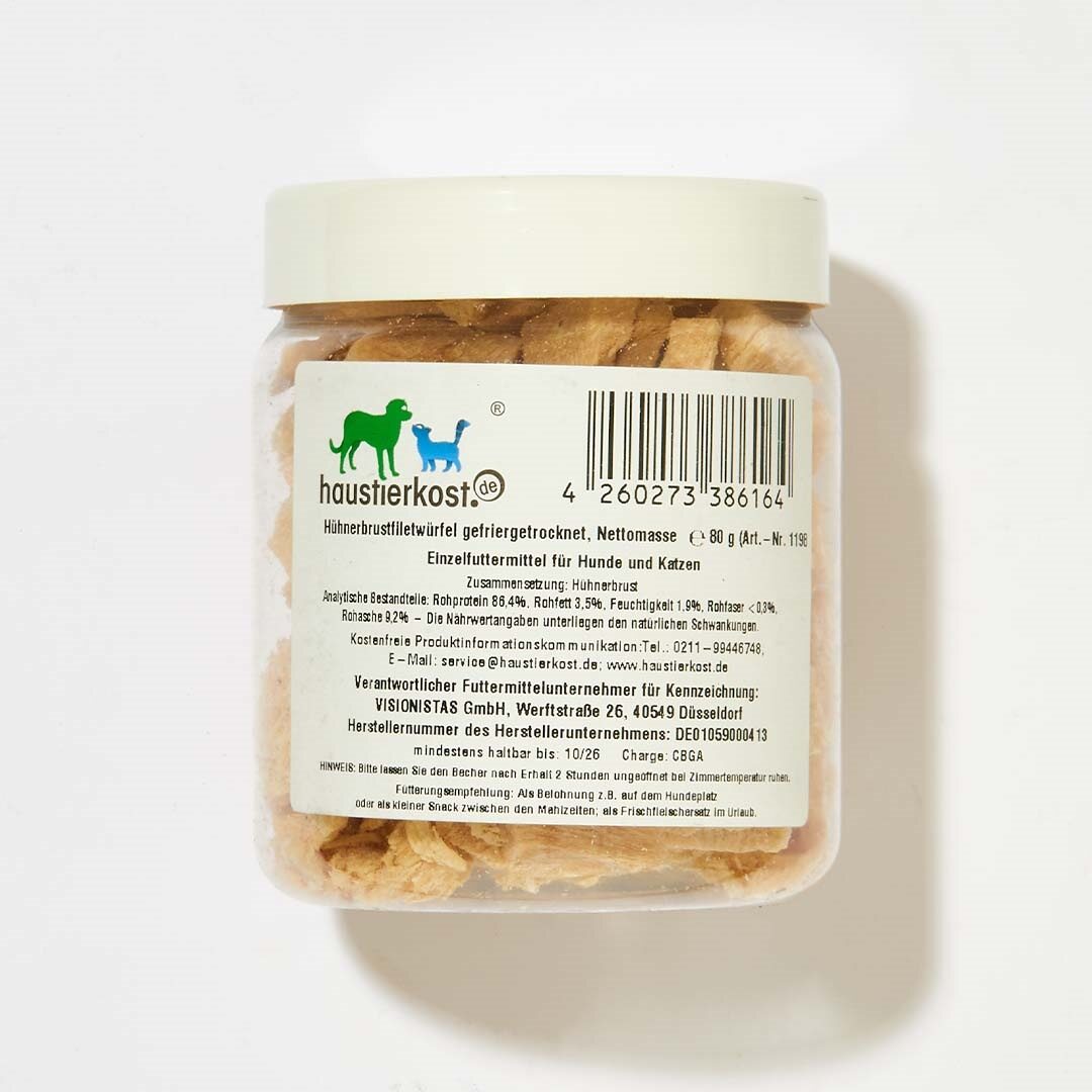 Gefriergetrocknete Hühnerbrustwürfel 80 g als Snack und Belohnung für Hunde und Katzen