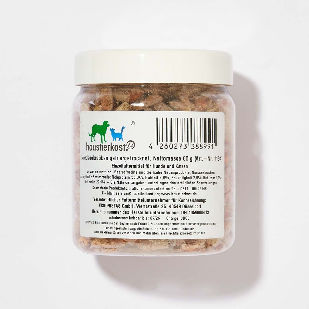 Gefriergetrocknete Nordseekrabben als Hundesnack, 60 g im transparenten Behälter