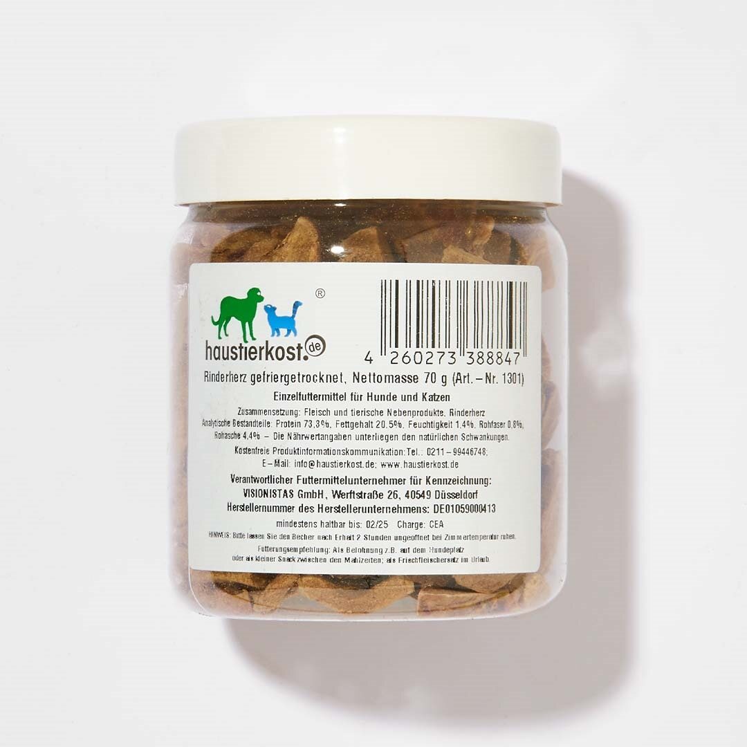 Gefriergetrocknetes Rinderherz als proteinreicher Snack für Hunde und Katzen, 70 g Verpackung