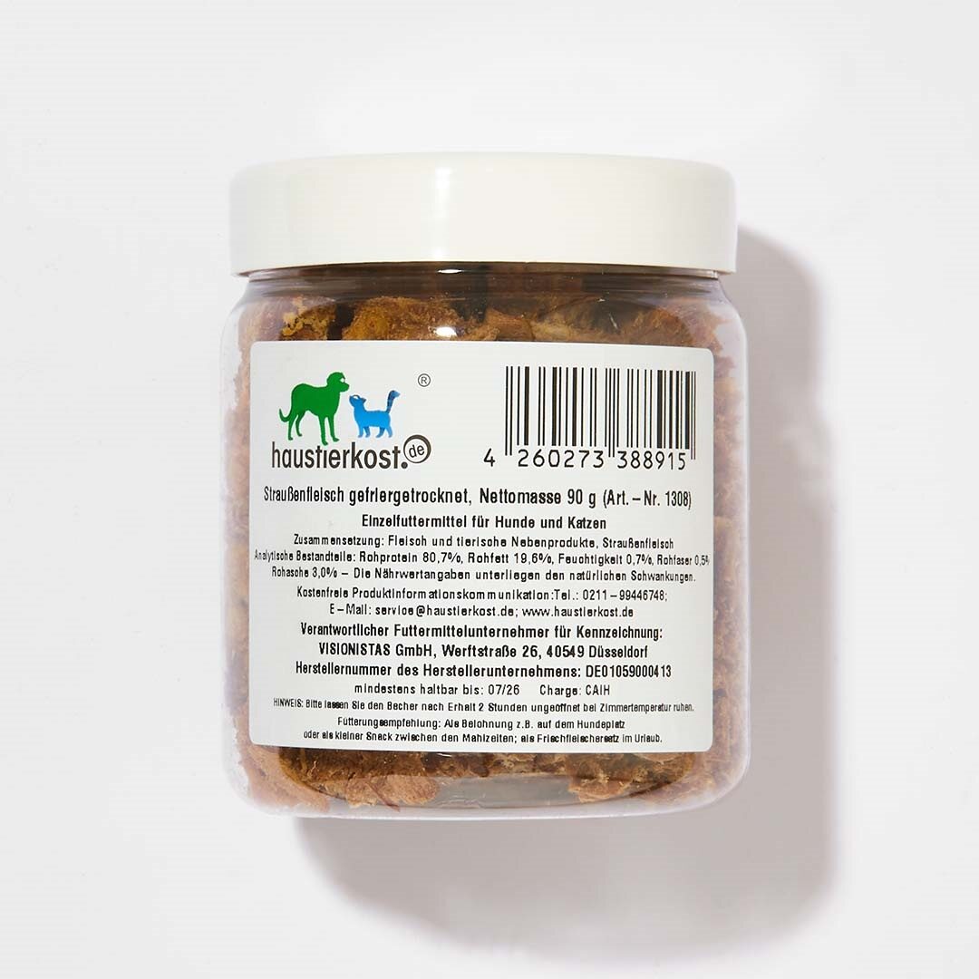 Gefriergetrocknetes Straußenfleisch als Snack und Belohnung für Hunde, 90 g im Vorratsglas