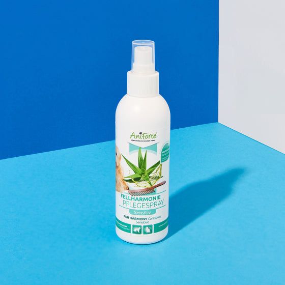 AniForte® Fellharmonie Pflegespray Sensitiv, 200 ml Flasche, für die schonende Pflege von Hunde- und Katzenfell, auf blauem Hintergrund platziert.