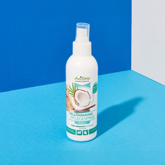 AniForte® Fellharmonie Pflegespray Kokos, 200 ml Flasche, geeignet für Hunde- und Katzenfellpflege, mit natürlichen Zutaten wie Aloe Vera und Jojobaöl, leicht entwirrbar und feuchtigkeitsspendend, angenehmer Kokosduft.