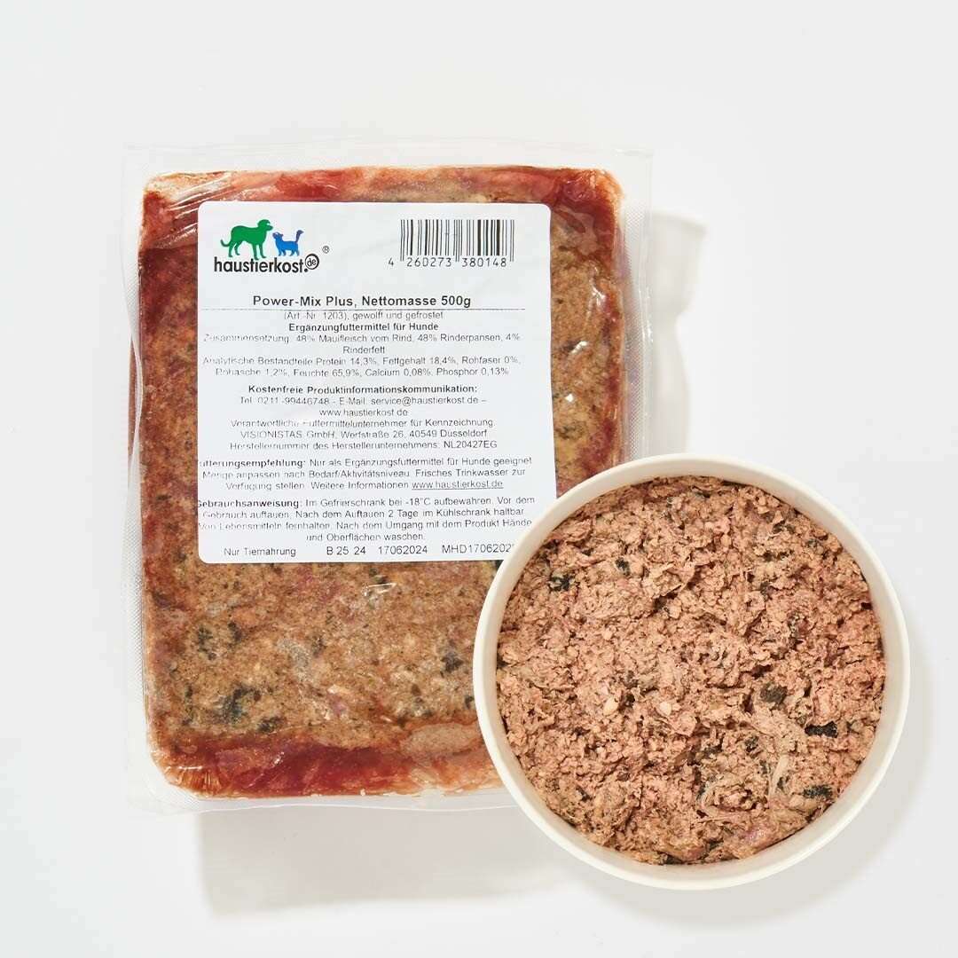 Power-Mix Plus Hundefutter, 500 g Packung, Rindermaulfleisch, grüner Rinderpansen, Rinderfett, geeignet für aktive Hunde.